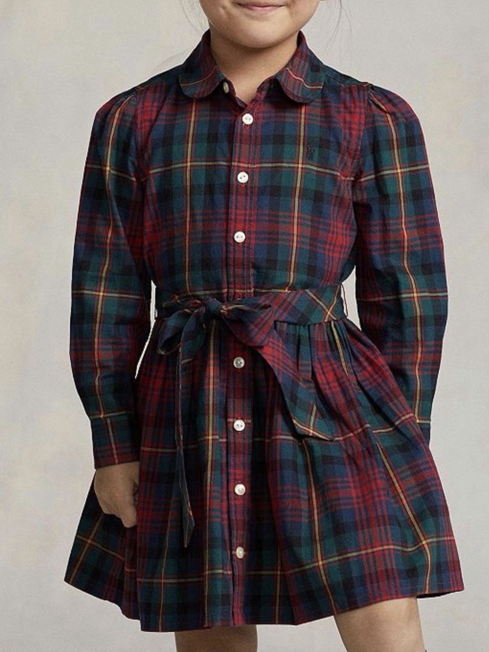 Polo by Ralph Lauren Red and Green Plaid Long-Sleeve Button Dress with Waist Tie